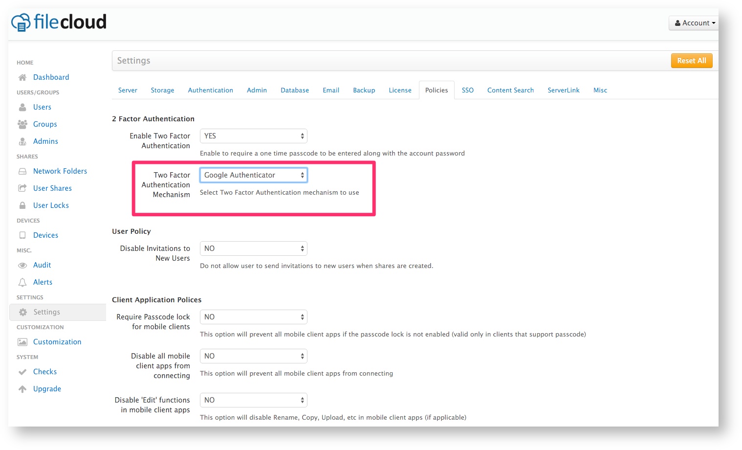 FileCloud 2FA Google Authenticator