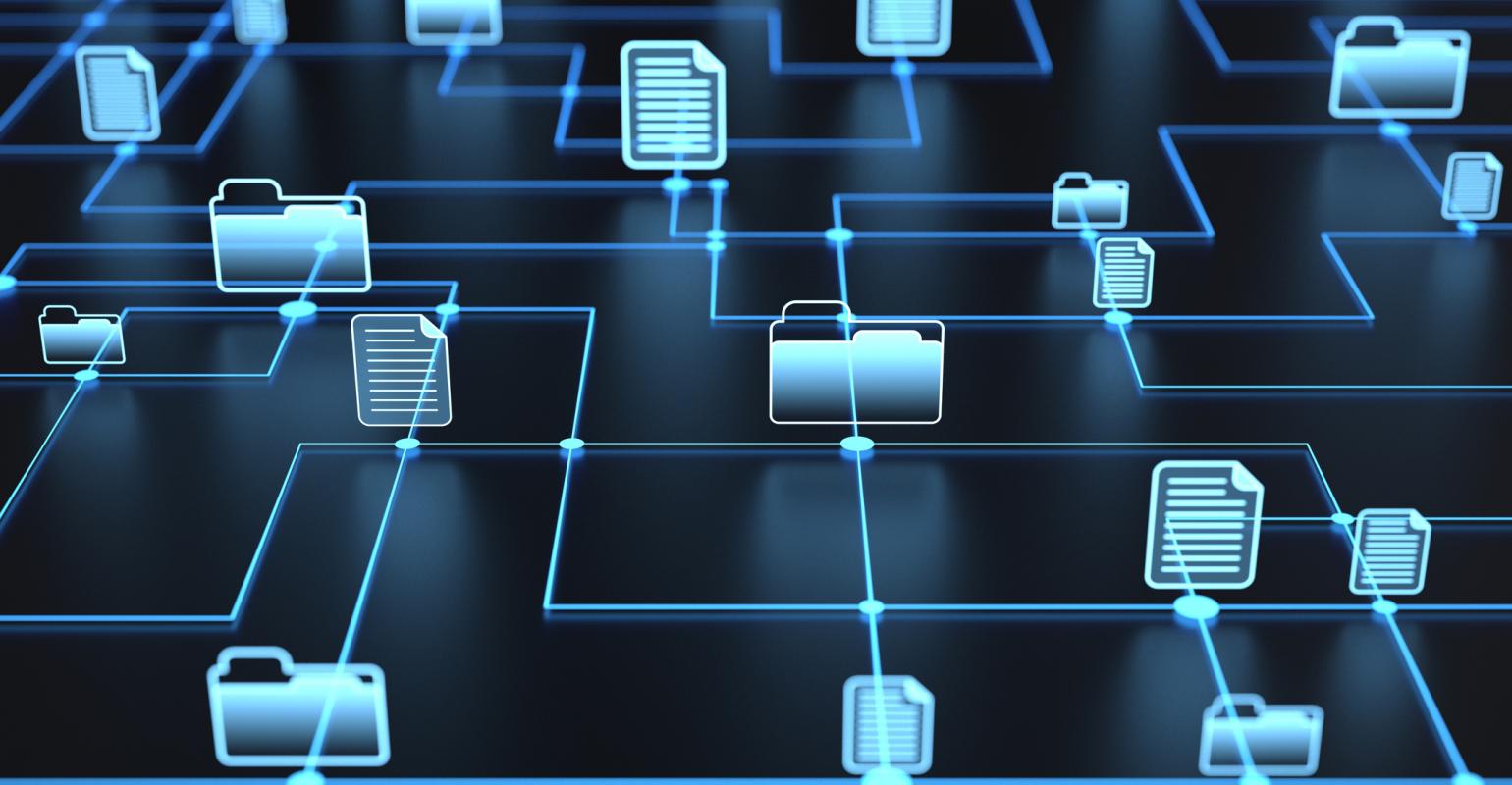  A conceptual representation of interconnected folders and files demonstrates advanced file-sharing features for efficient collaboration.