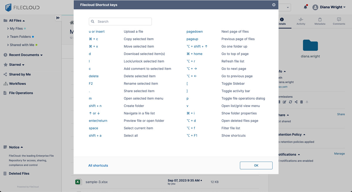 FileCloud Keyboard Shortcuts