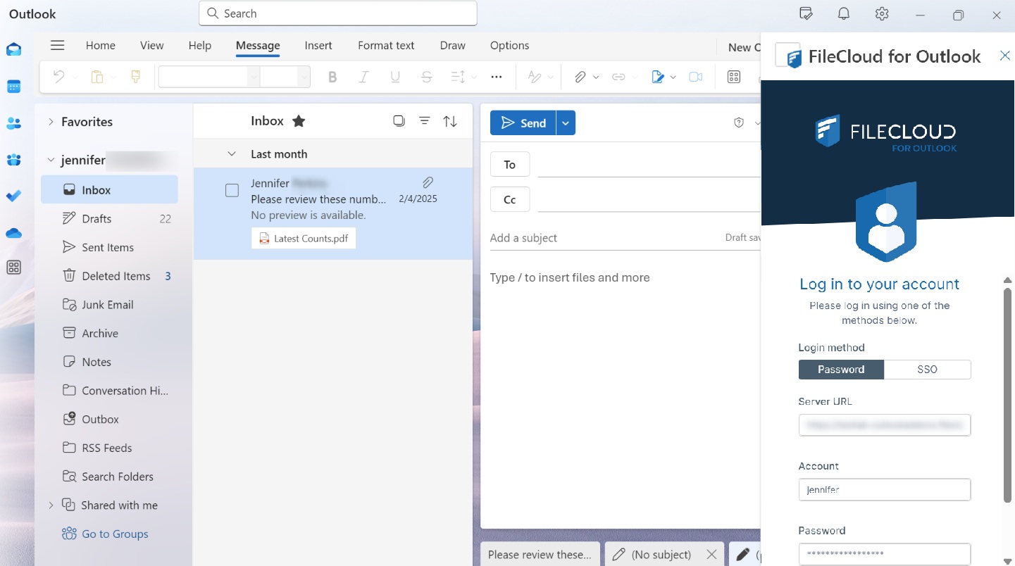 User interface of Outlook with login pane for FileCloud for Outlook plug-in