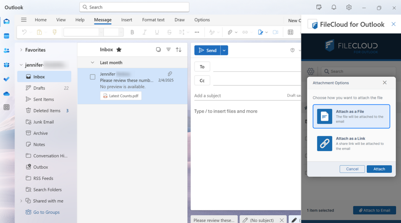 UI of FileCloud for Outlook plug-in with option to share a file or link