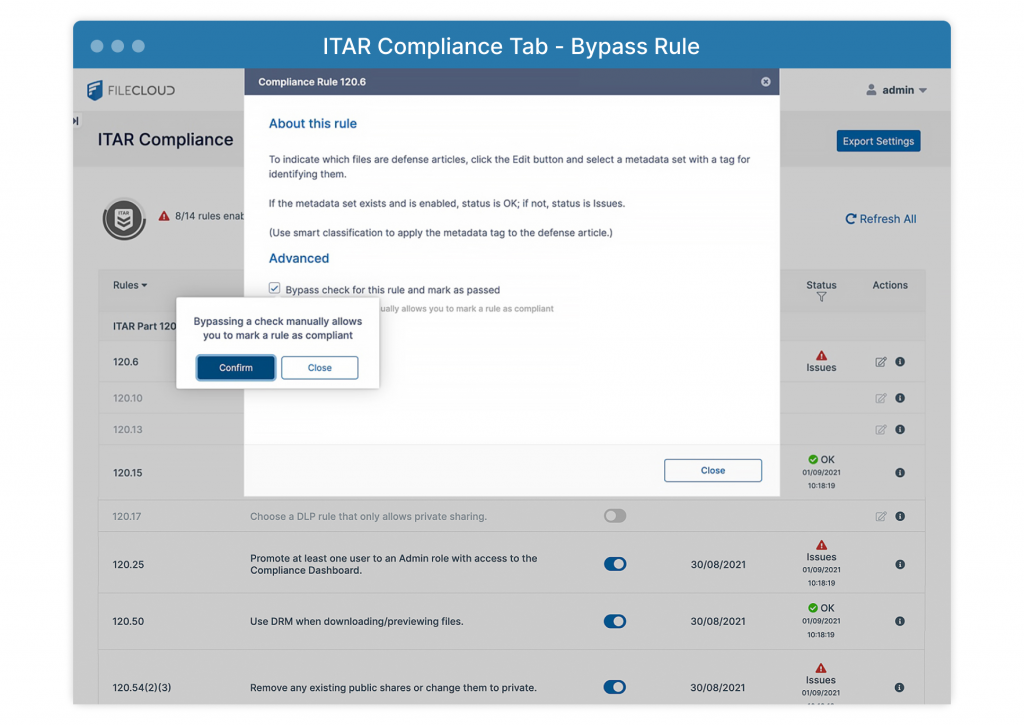 FileCloud Compliance Center ITAR Tab view with dialog box for bypassing a rule