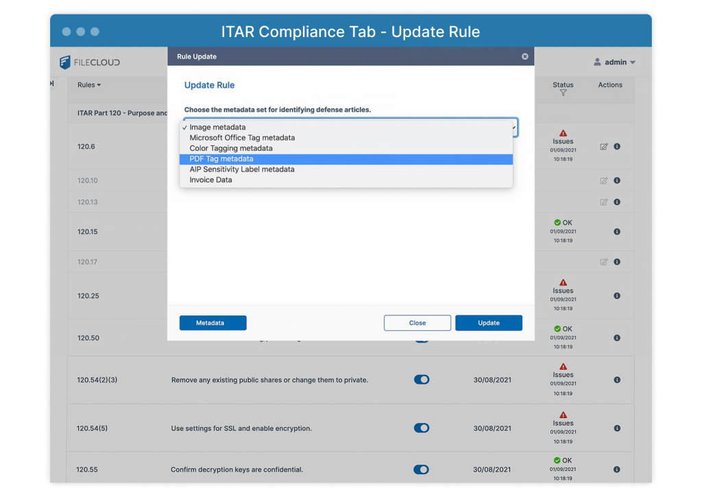 View of ITAR tab in Compliance Center, dialog box with information to update a rule