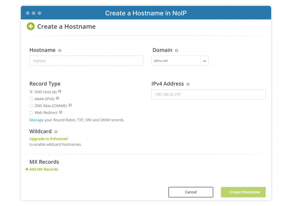 screenshot of website NoIP to create a hostname