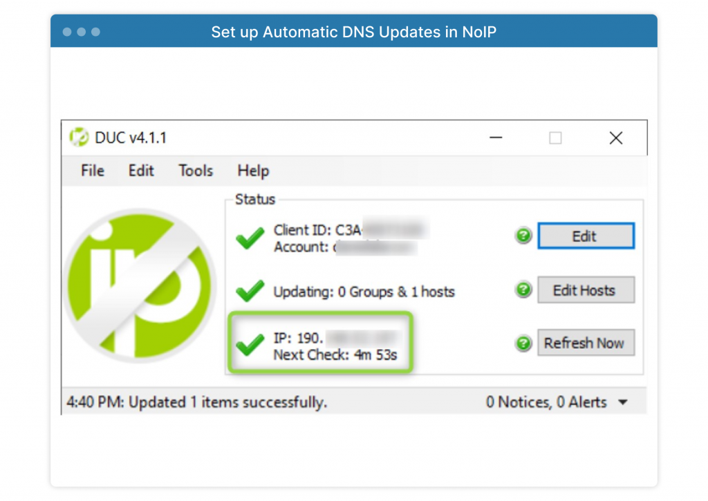 screenshot of NoIP website, configuring automatic updates for DNS changes