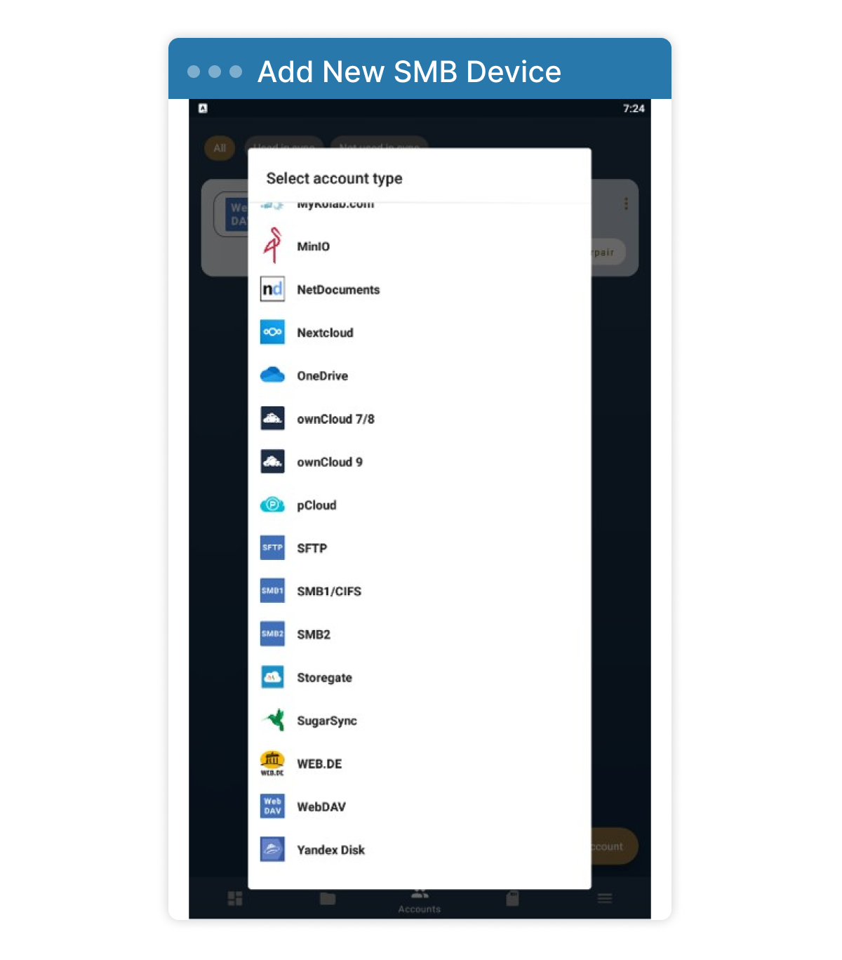 Screenshot of Dialog Box to add new SMB device