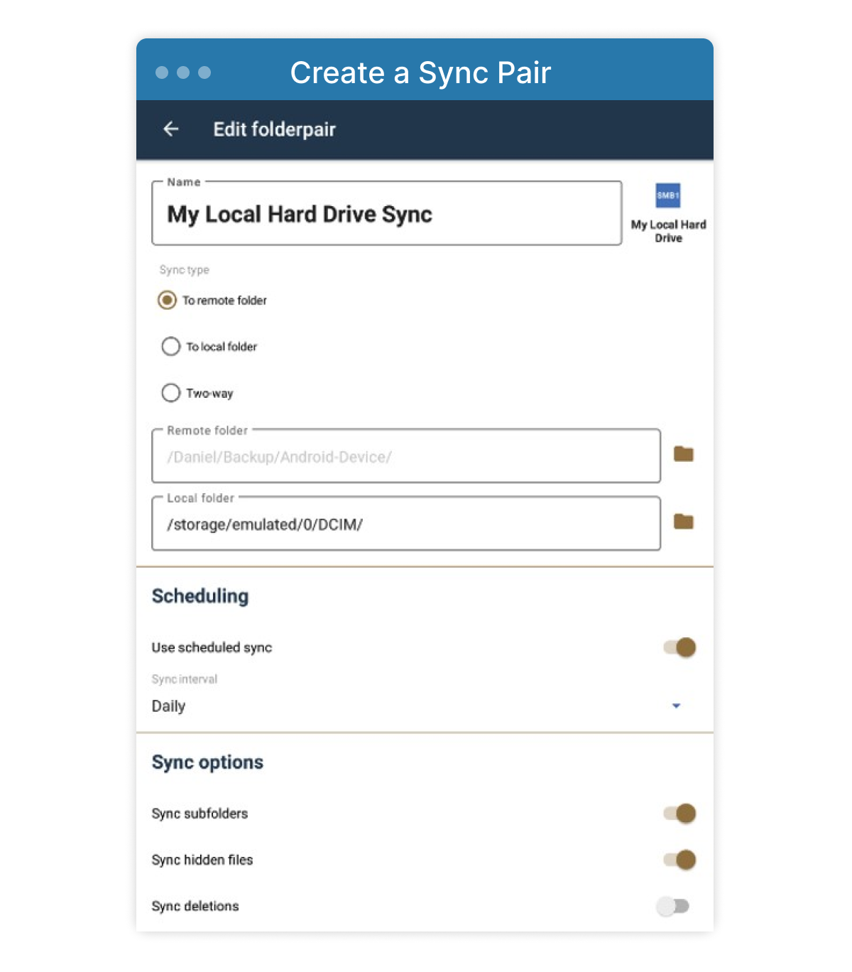 Screenshot of dialog box - create a sync pair between hard drive and local network