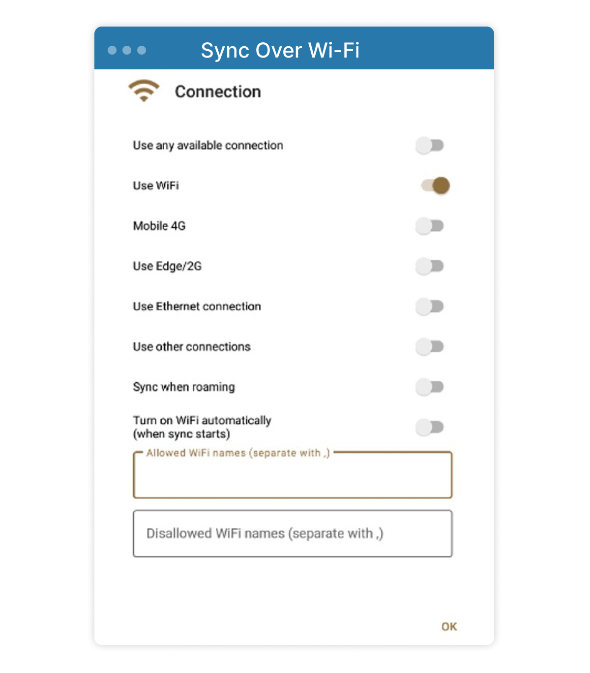 Screenshot of network settings to enforce syncing only over same wi-fi