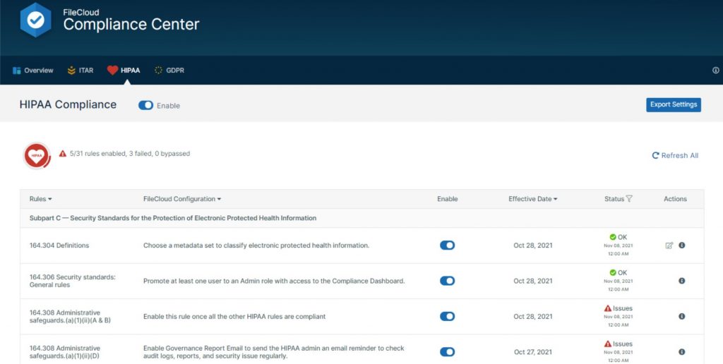 FileCloud UI - Compliance Center, HIPAA configuration tab