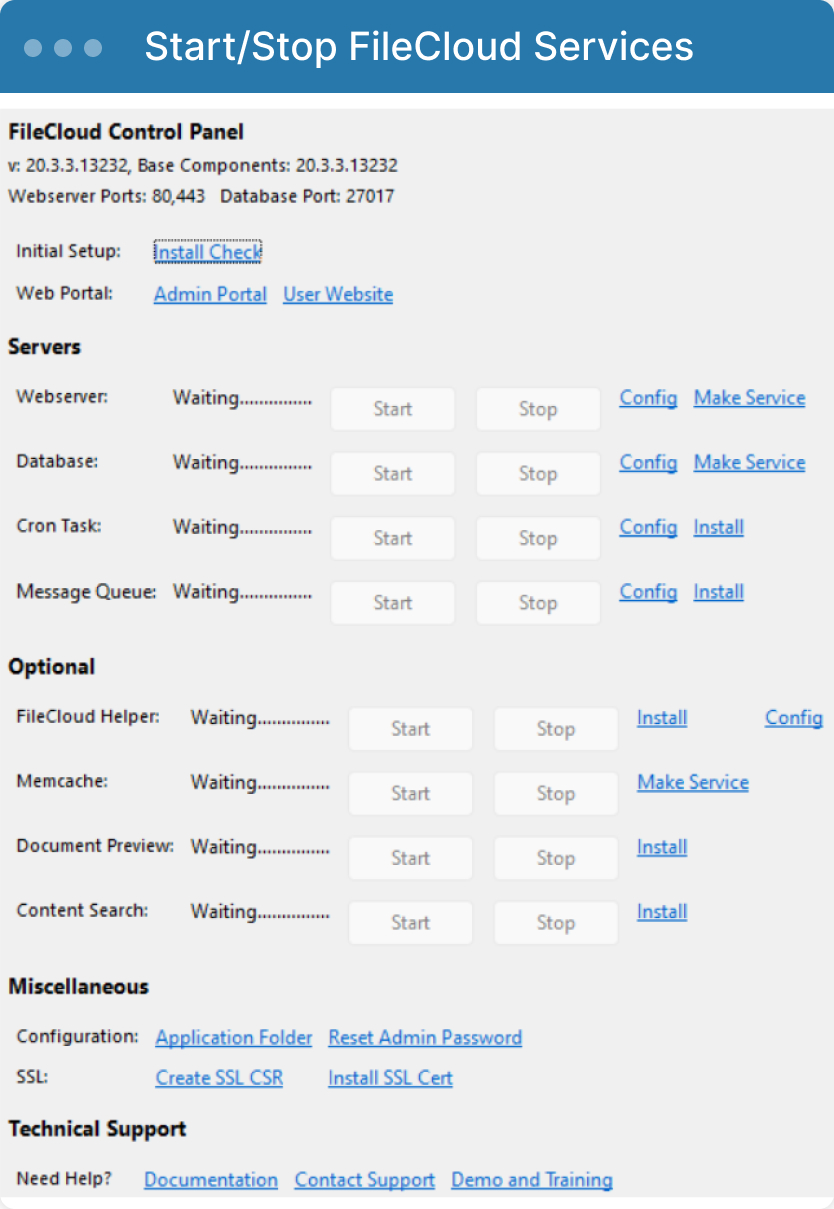 FileCloud Control Panel Start-Stop Service