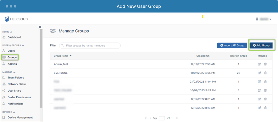 FileCloud Admin Interface - add new user group