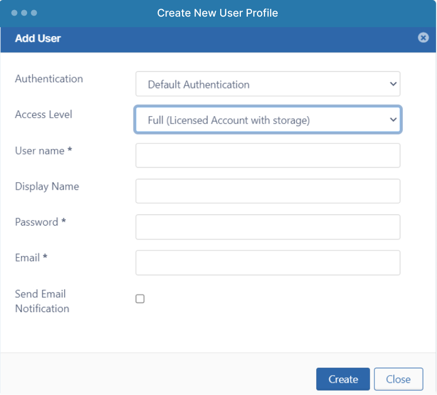 FileCloud Admin Interface - add new user profile