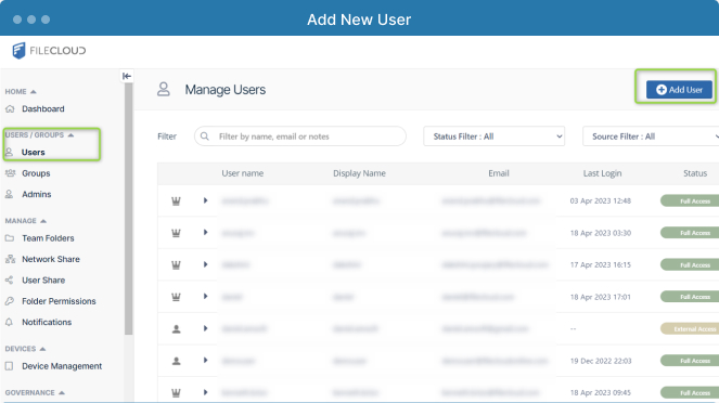 FileCloud Admin Interface - Add new user