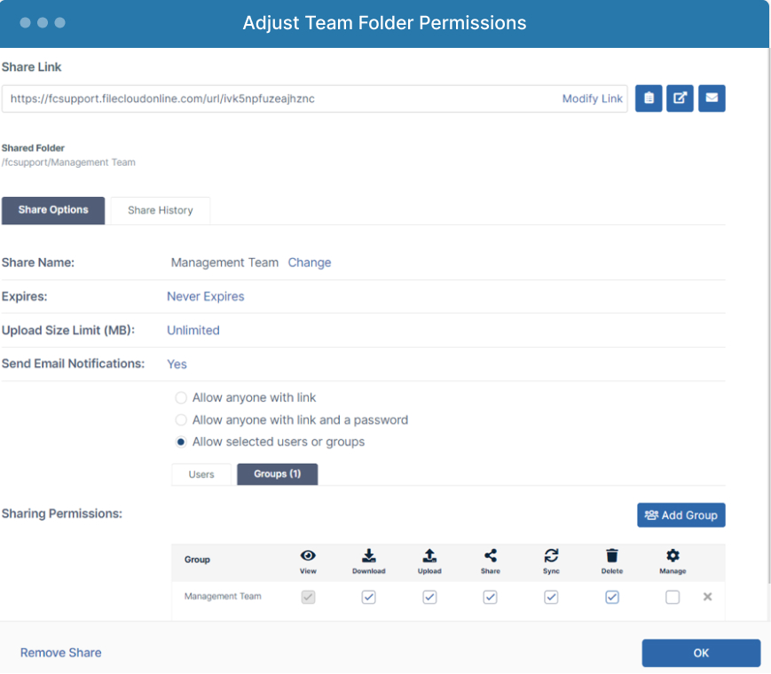 FileCloud Admin Interface - manage Team Folder permissions