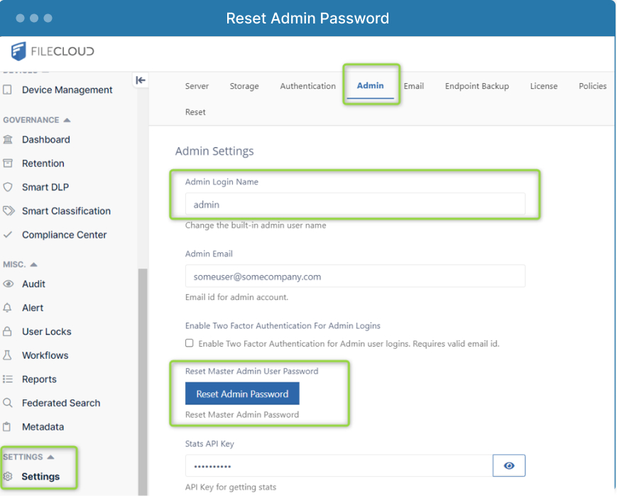 FileCloud Admin UI Settings Tab - reset admin password