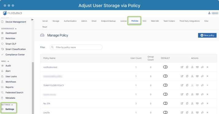 FileCloud Admin Interface - Settings - Policies