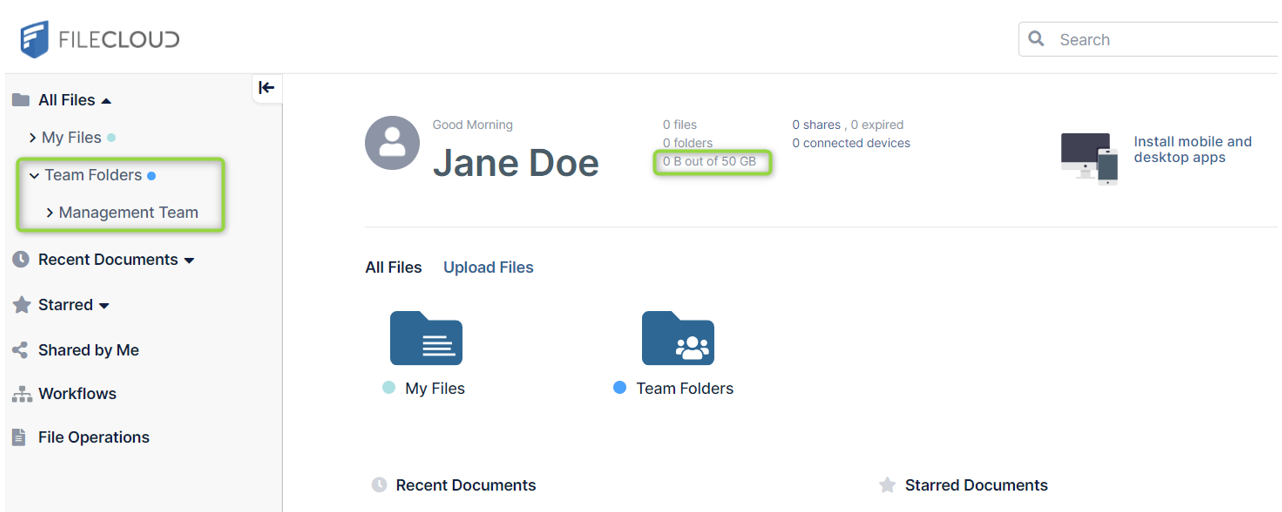 FileCloud User Interface - Management Team User Jane Doe