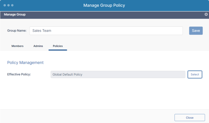 FileCloud Admin Interface - manage group policy