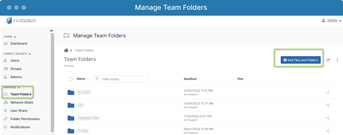 FileCloud Admin Interface - Manage Team Folders