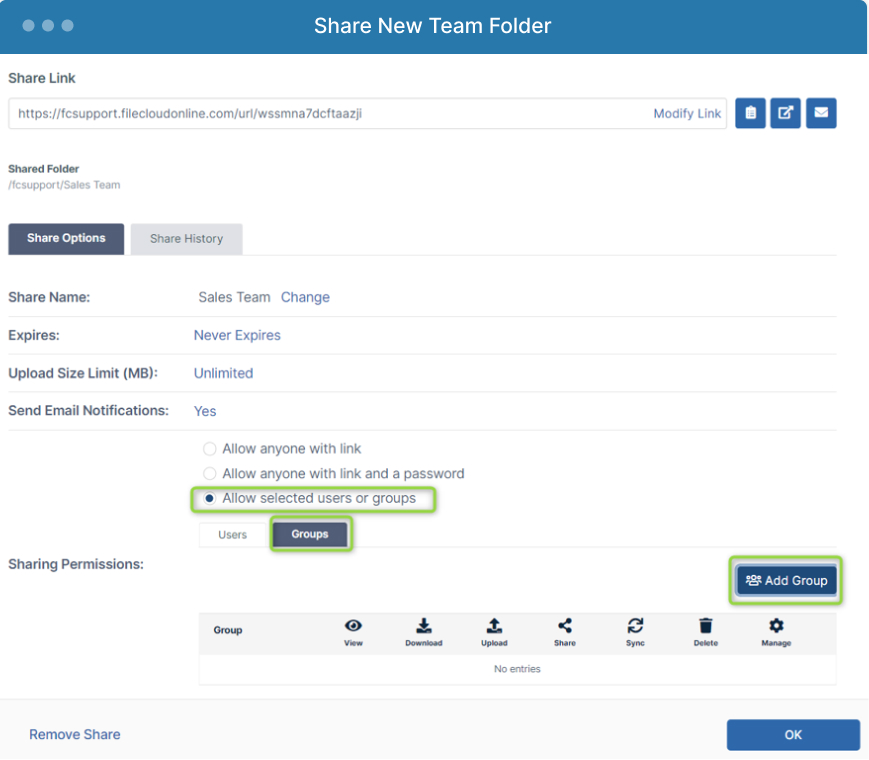 FileCloud Admin Interface - Share Team Folder