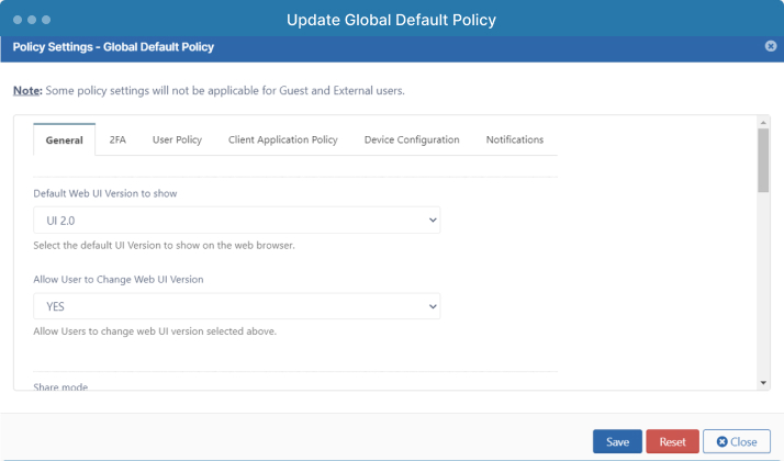 FileCloud Admin Interface - update global default policy for users