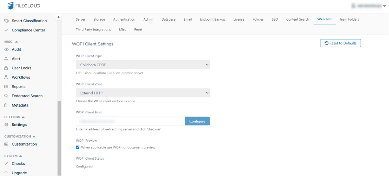 screenshot of FileCloud Admin UI - WOPI settings pane