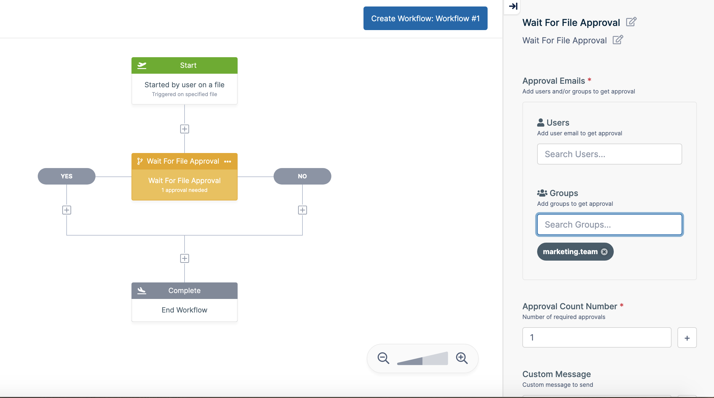 Visual workflow builder UI in FileCloud; easy workflow automation for end users