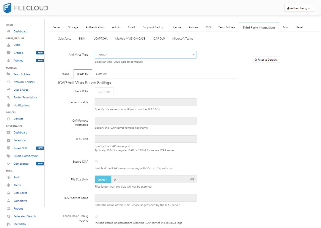 Image of FileCloud Settings menu, Third Party Integrations, Antivirus. 