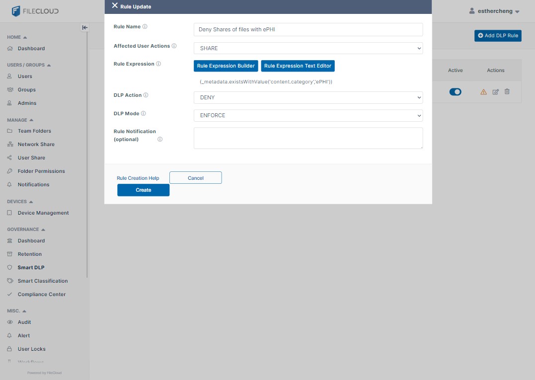 Image of FileCloud Online UI, DLP Rule Builder