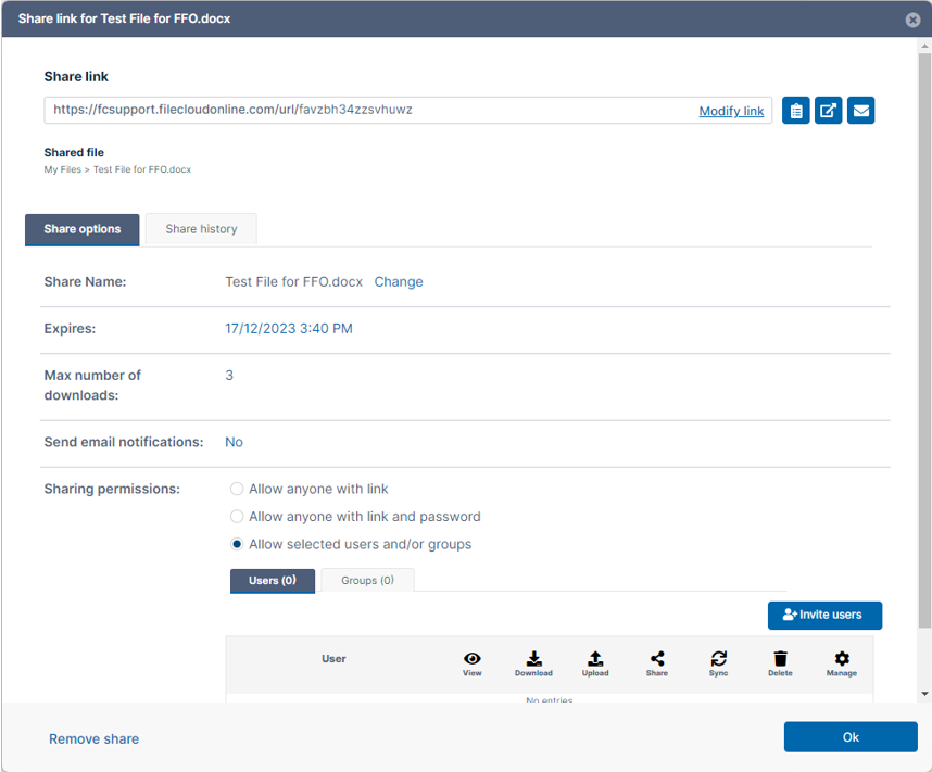 Image of FileCloud for Office share file options. 