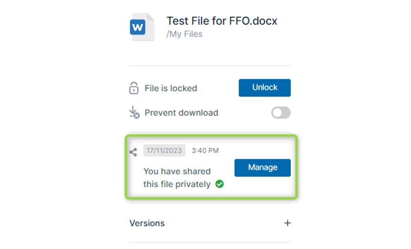 Image of FileCloud for Office UI, file share status updated.