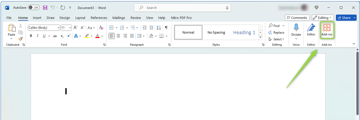 Image of MS Word UI, emphasis around Add-ins button