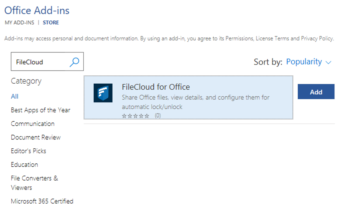 Image of Office UI, Add-ins menu, FileCloud for Office result