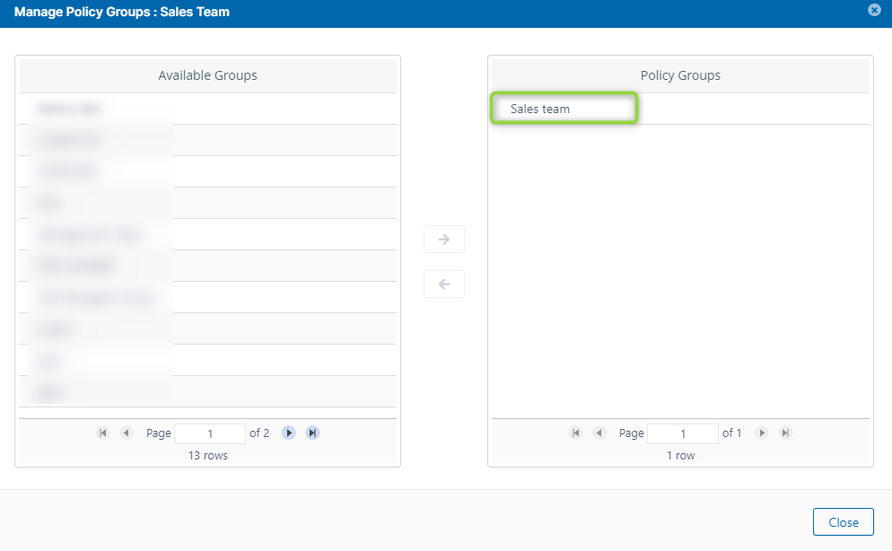 Image of FileCloud Admin interface - Create Policy - Add Policy Group to Policy. 