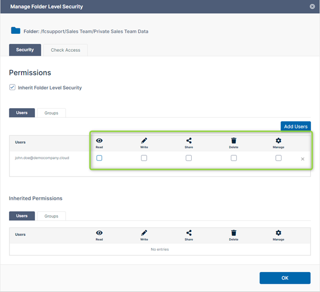 Image of FileCloud admin interface - Manage Team Folders - Adjust Sub-folder Permissions - Restrict Sub-folder Access