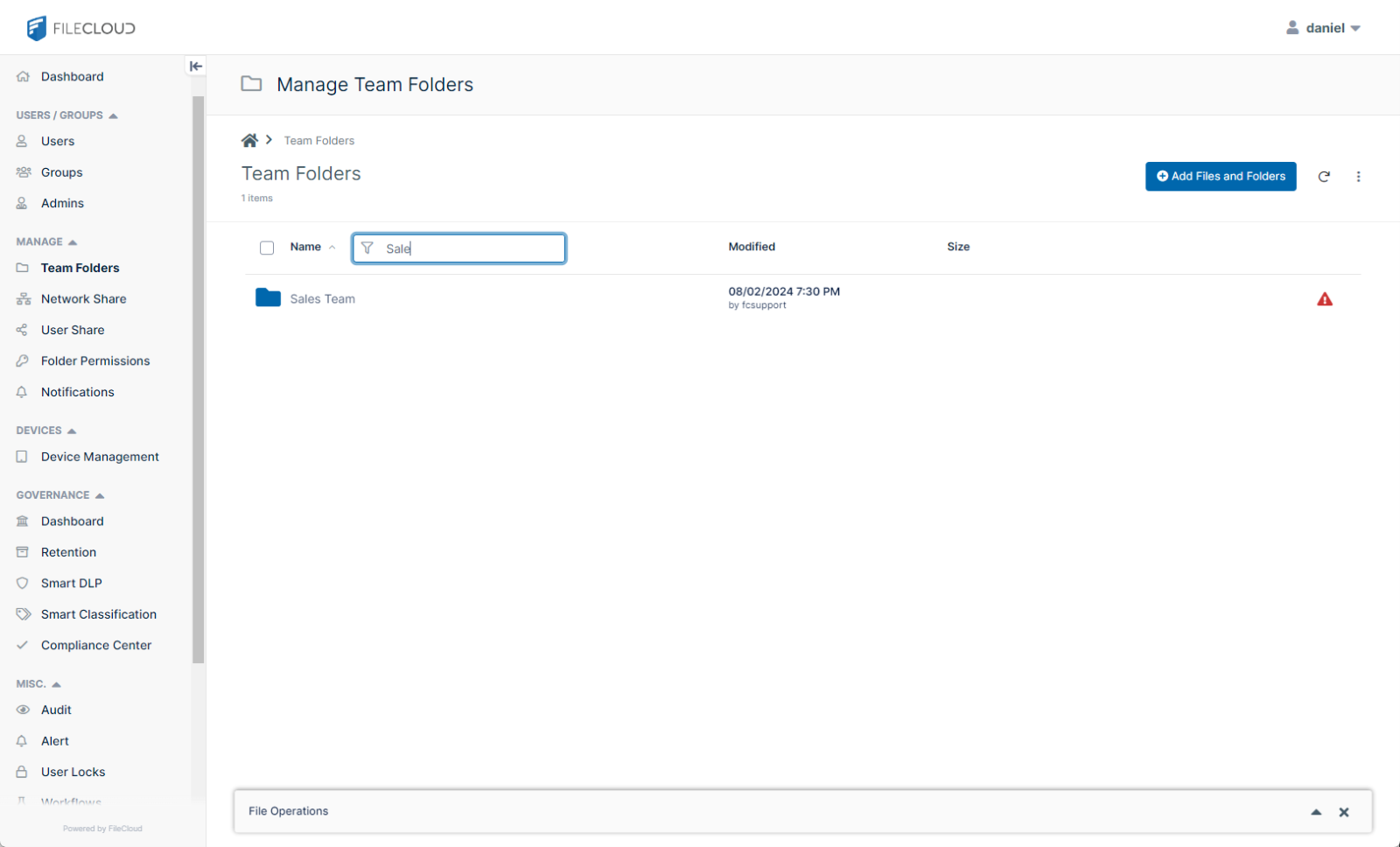 Image of FileCloud Admin interface - Team Folder - create new Team Folder. 