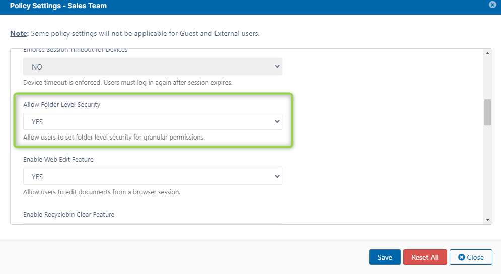 Image of FileCloud admin interface - update policy details - enable folder level security. 