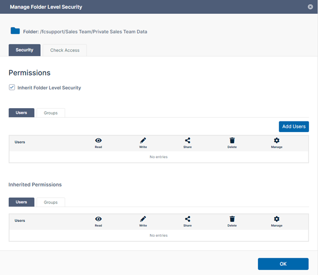 Image of FileCloud admin interface - Manage Team Folders - Update sub-folder permissions for user access