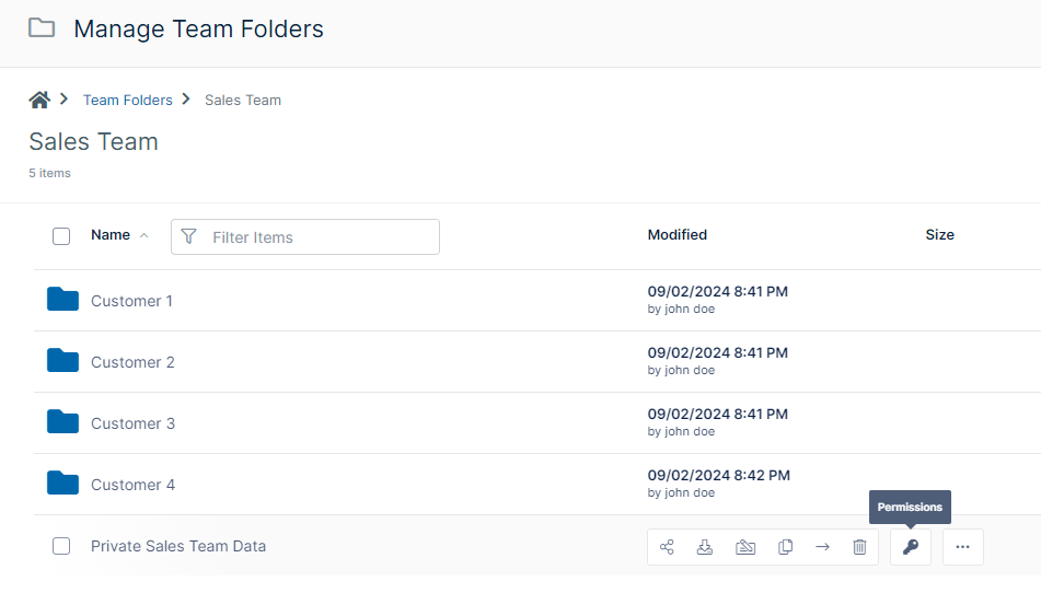 Image of FileCloud admin interface - Manage Team Folder - adjust sub-folder permissions