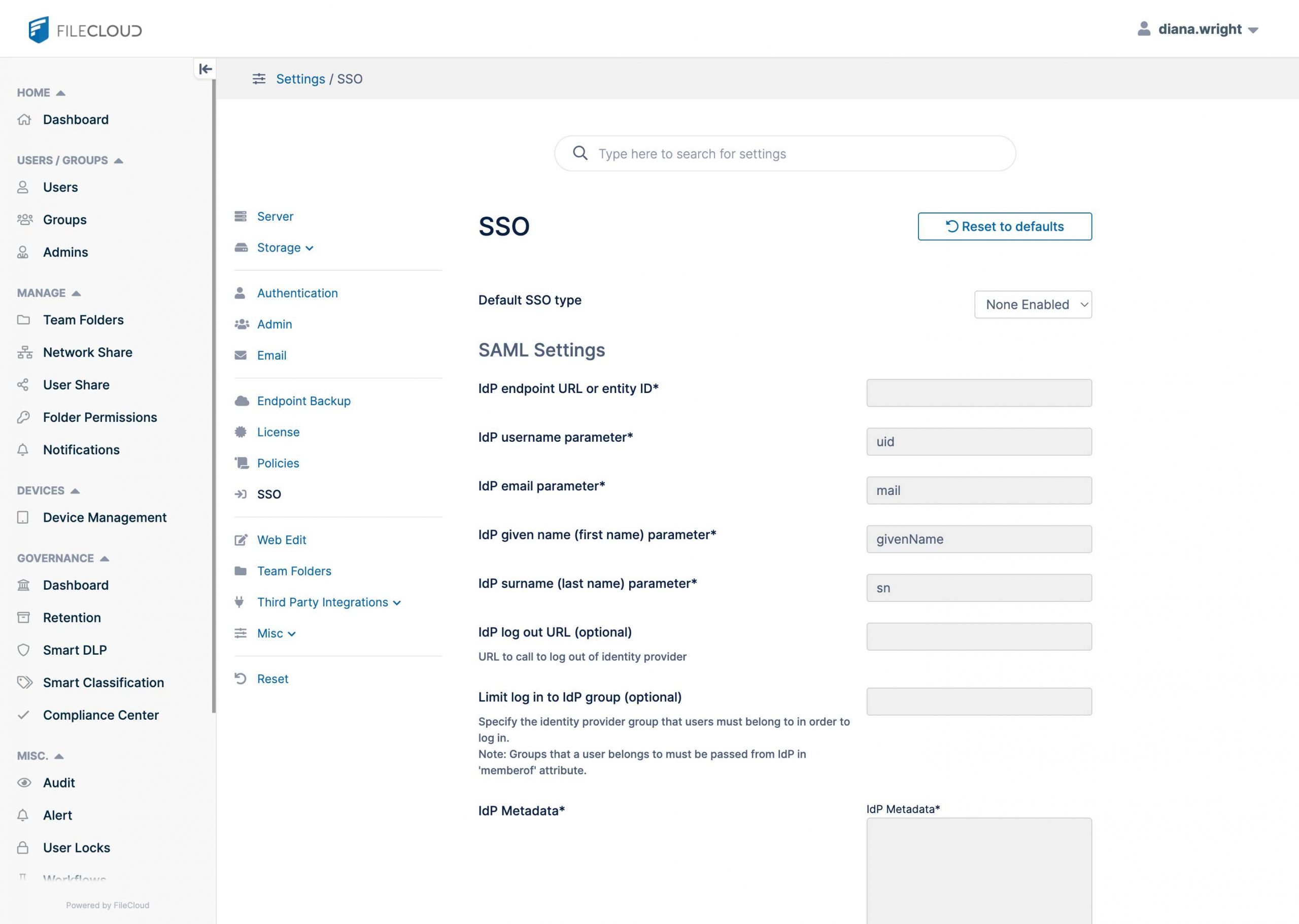 FileCloud Settings UI - integrate with identity provider (IdP) for SSO SAML authentication