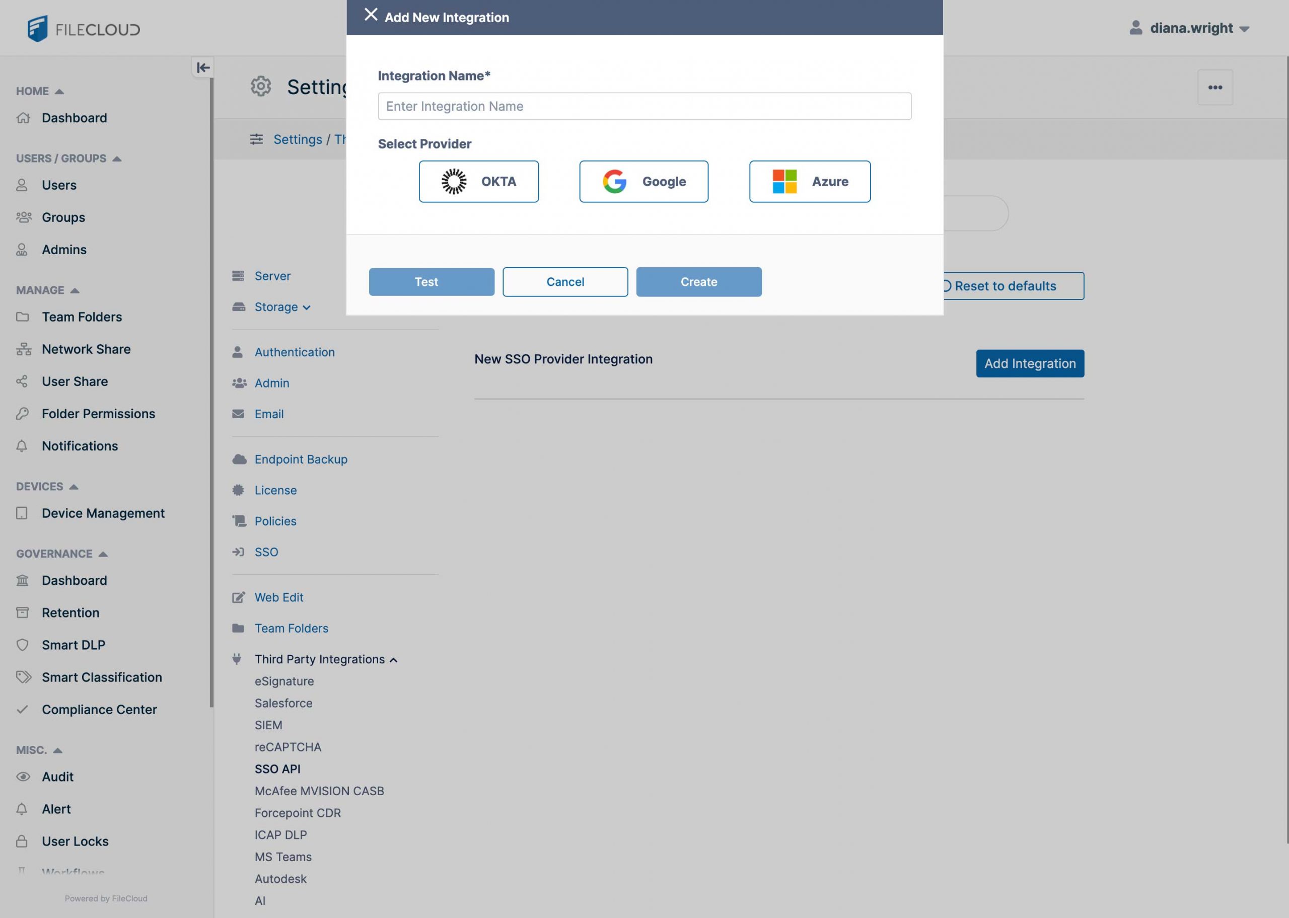 FileCloud UI - Settings SSO API - integrate with identity provider (IdP) for user and group import to streamline account management