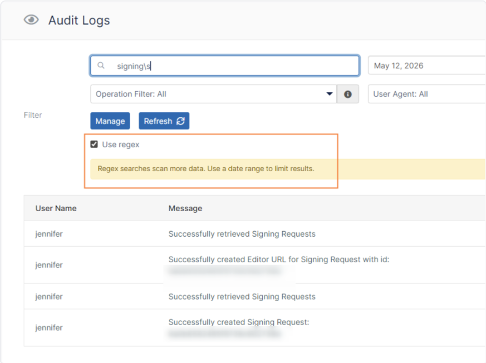 FileCloud UI screenshot - Regex Search in Audit Logs