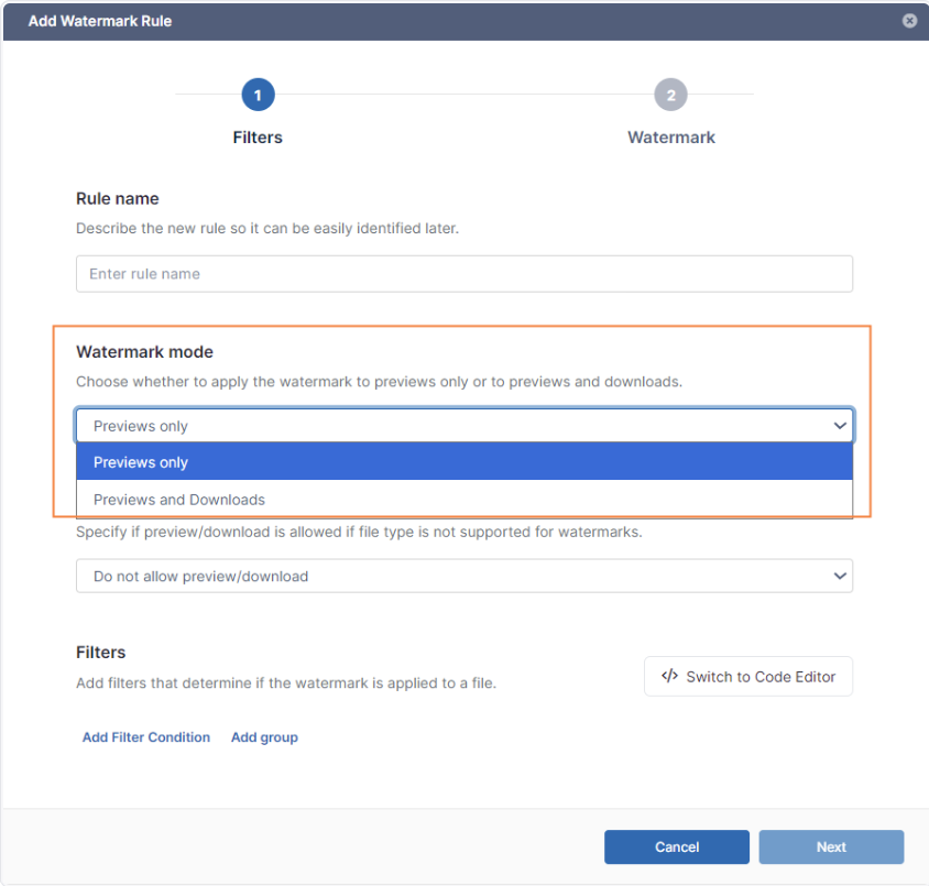 FileCloud UI screenshot - document watermark settings
