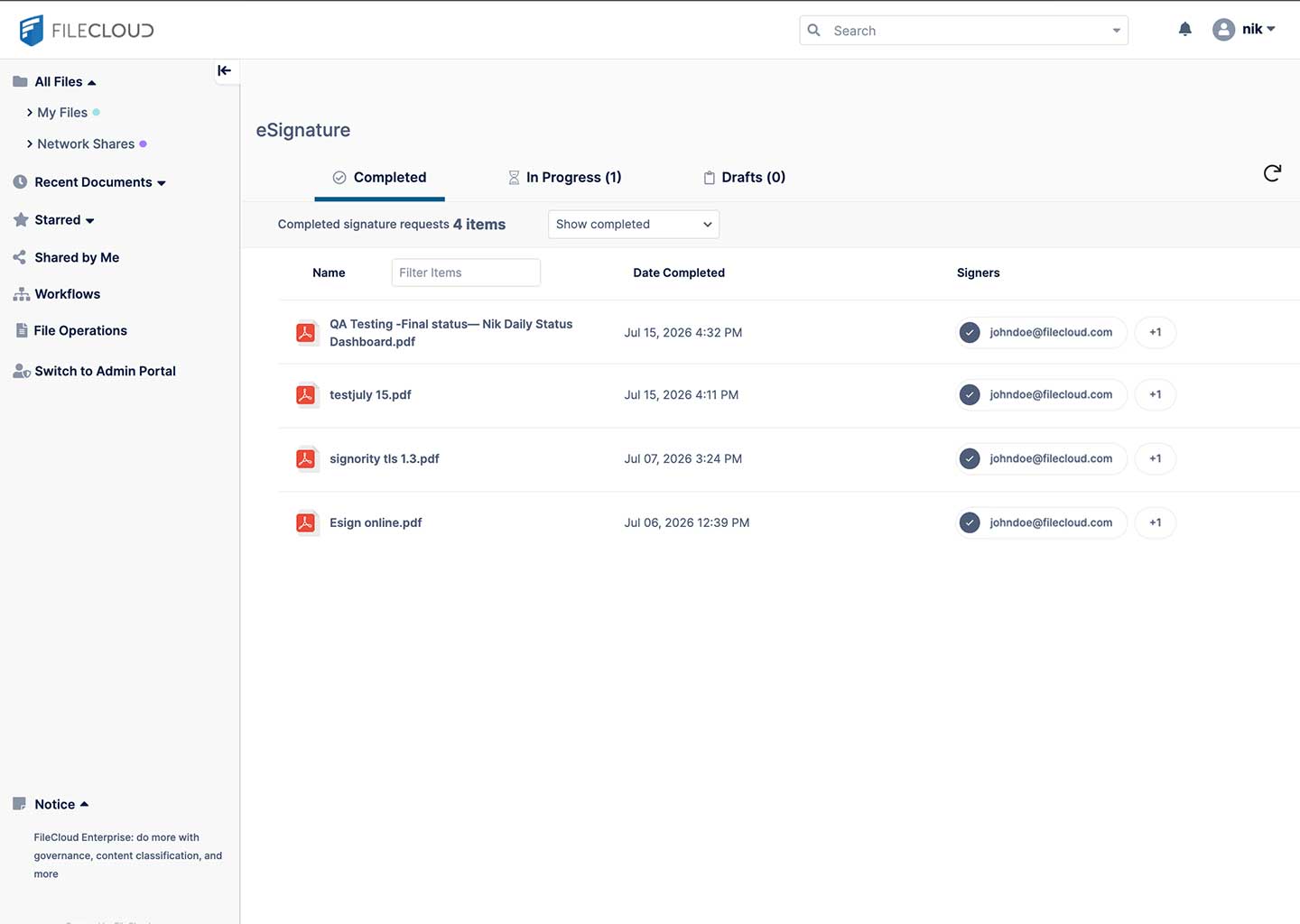 FileCloud Signit eSignature dashboard UI