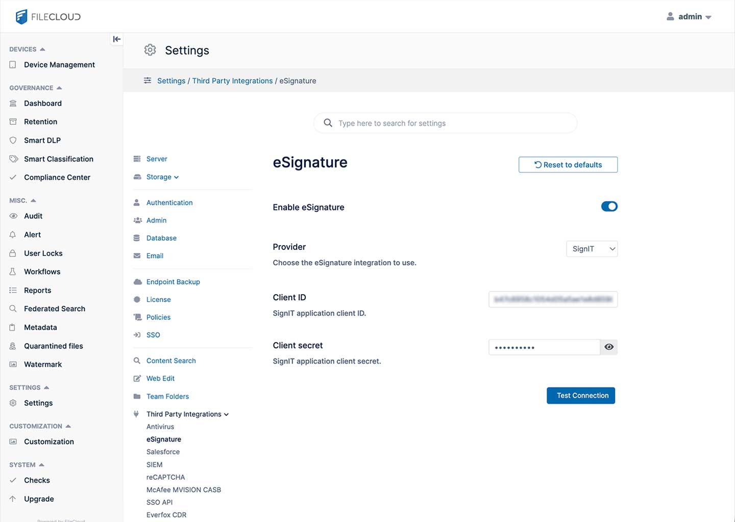 FileCloud settings UI - Signit integration